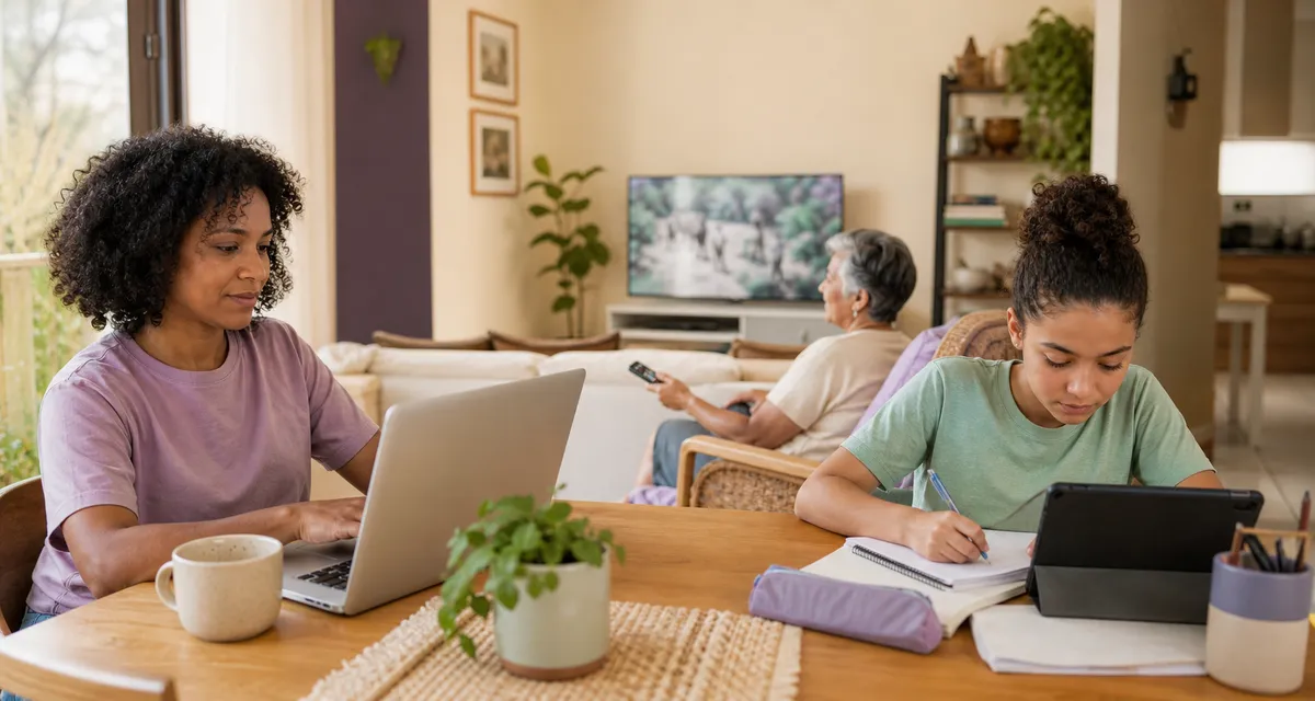 Família usando internet para trabalhar, estudar e assistir televisão