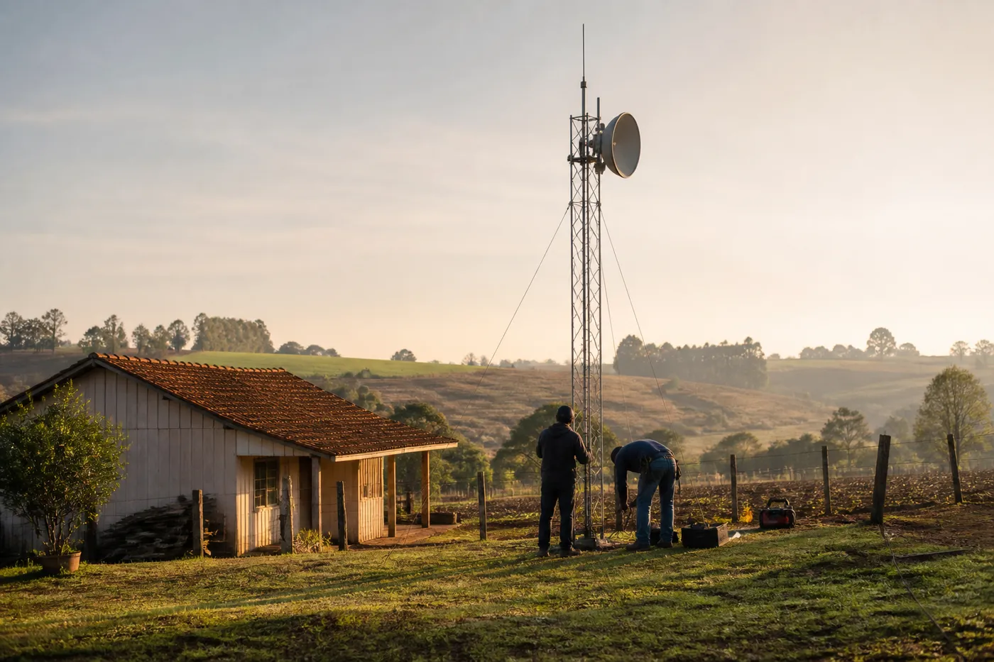 Cena ilustrativa de uma estrutura de conexão em uma propriedade rural